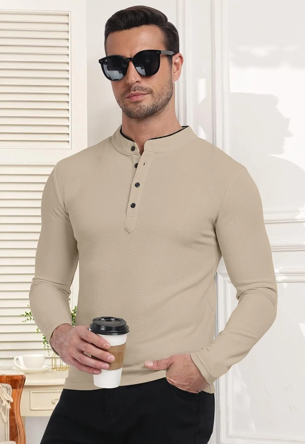 KUYIGO Men's Long Sleeve Waffle Mandarin Polo Shirts Fashion Button Slim Fit Casual Tops T-Shirt