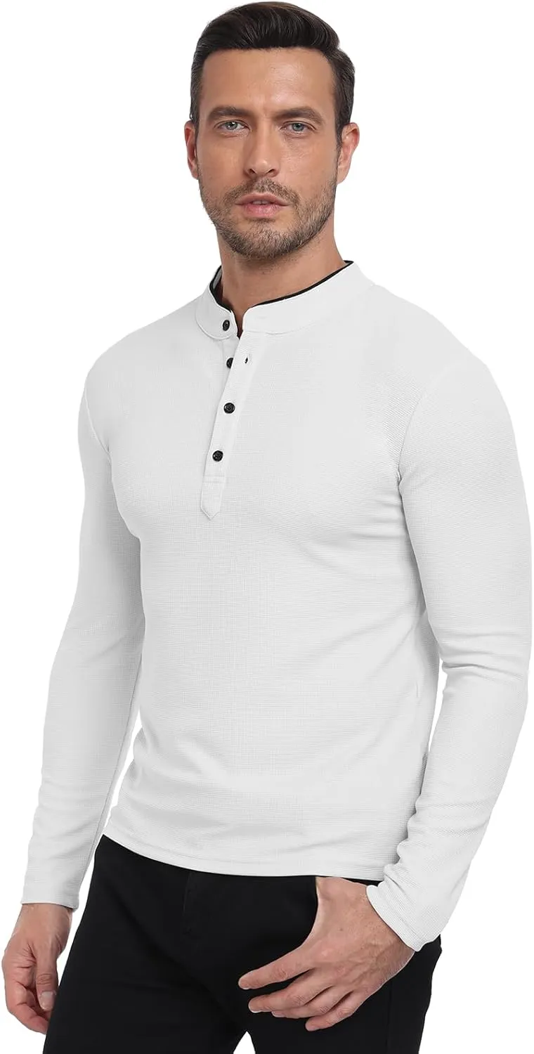 KUYIGO Men's Long Sleeve Waffle Mandarin Polo Shirts Fashion Button Slim Fit Casual Tops T-Shirt