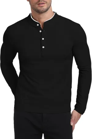 KUYIGO Men's Long Sleeve Waffle Mandarin Polo Shirts Fashion Button Slim Fit Casual Tops T-Shirt