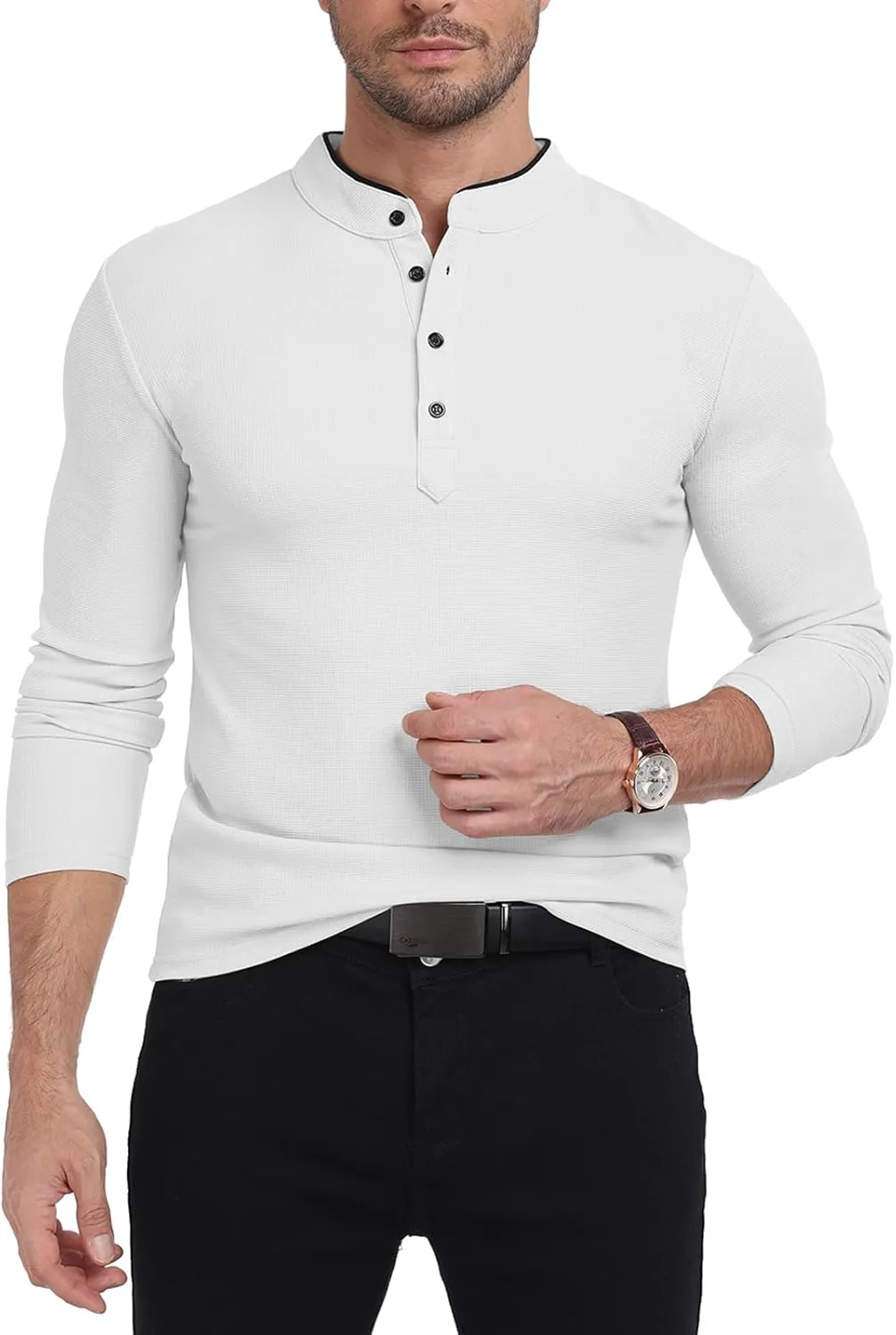 KUYIGO Men's Long Sleeve Waffle Mandarin Polo Shirts Fashion Button Slim Fit Casual Tops T-Shirt
