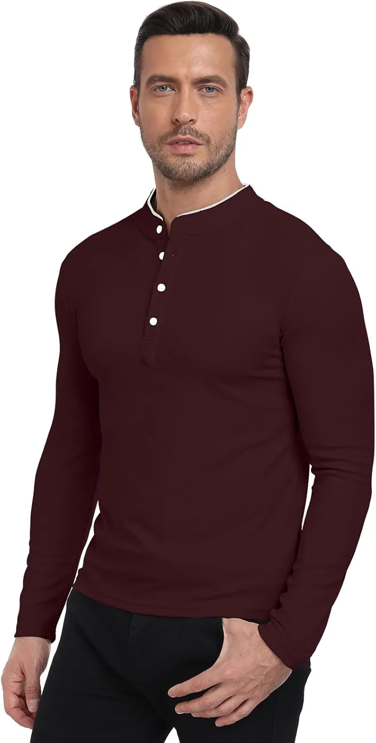 KUYIGO Men's Long Sleeve Waffle Mandarin Polo Shirts Fashion Button Slim Fit Casual Tops T-Shirt