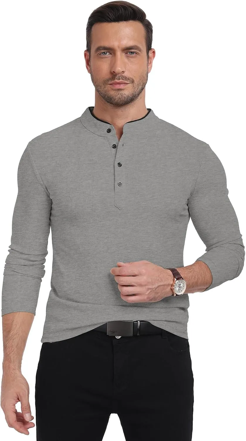 KUYIGO Men's Long Sleeve Waffle Mandarin Polo Shirts Fashion Button Slim Fit Casual Tops T-Shirt