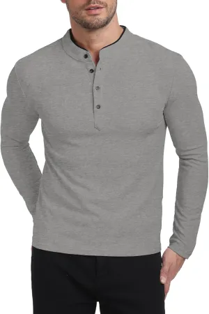 KUYIGO Men's Long Sleeve Waffle Mandarin Polo Shirts Fashion Button Slim Fit Casual Tops T-Shirt
