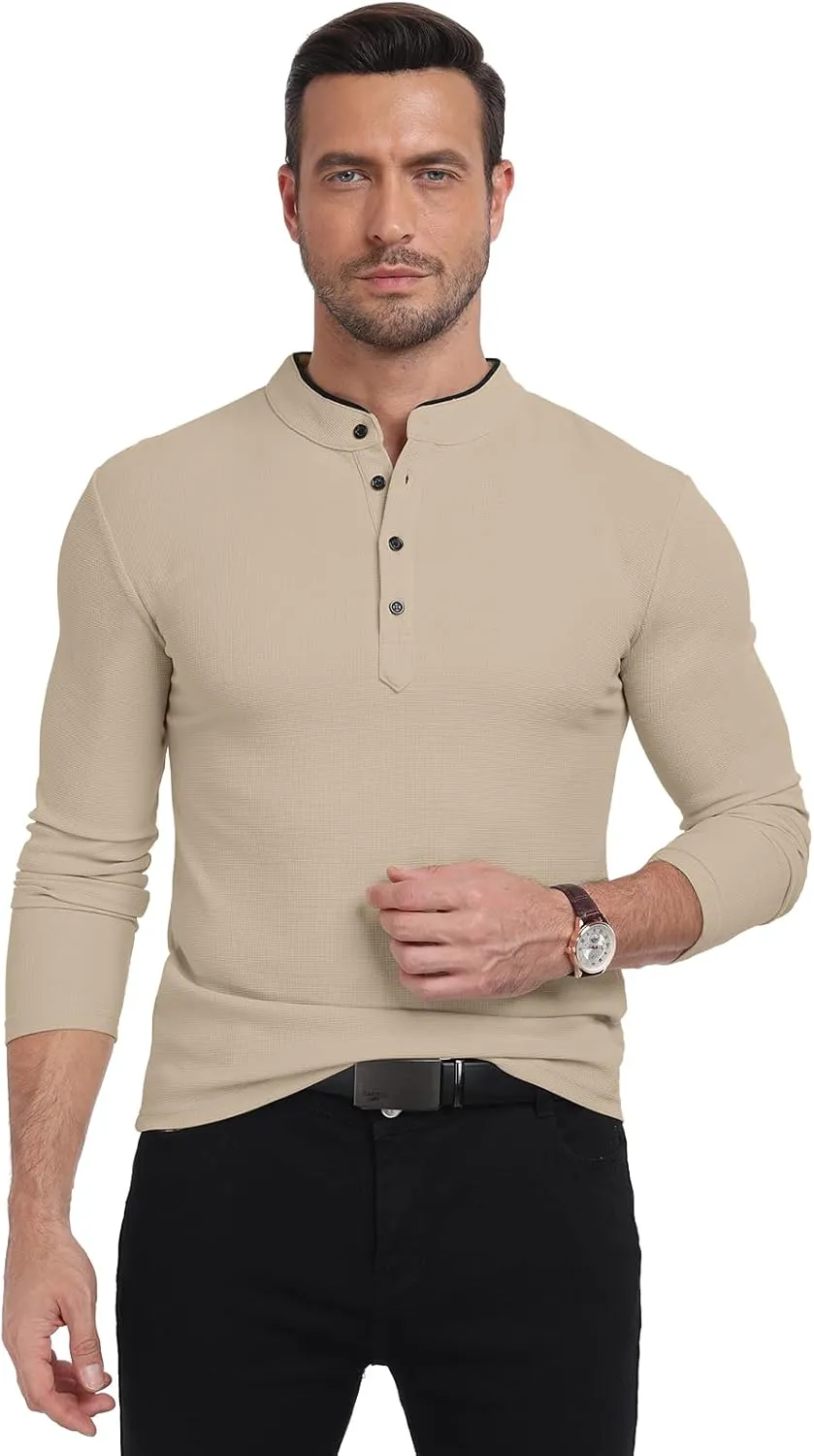 KUYIGO Men's Long Sleeve Waffle Mandarin Polo Shirts Fashion Button Slim Fit Casual Tops T-Shirt