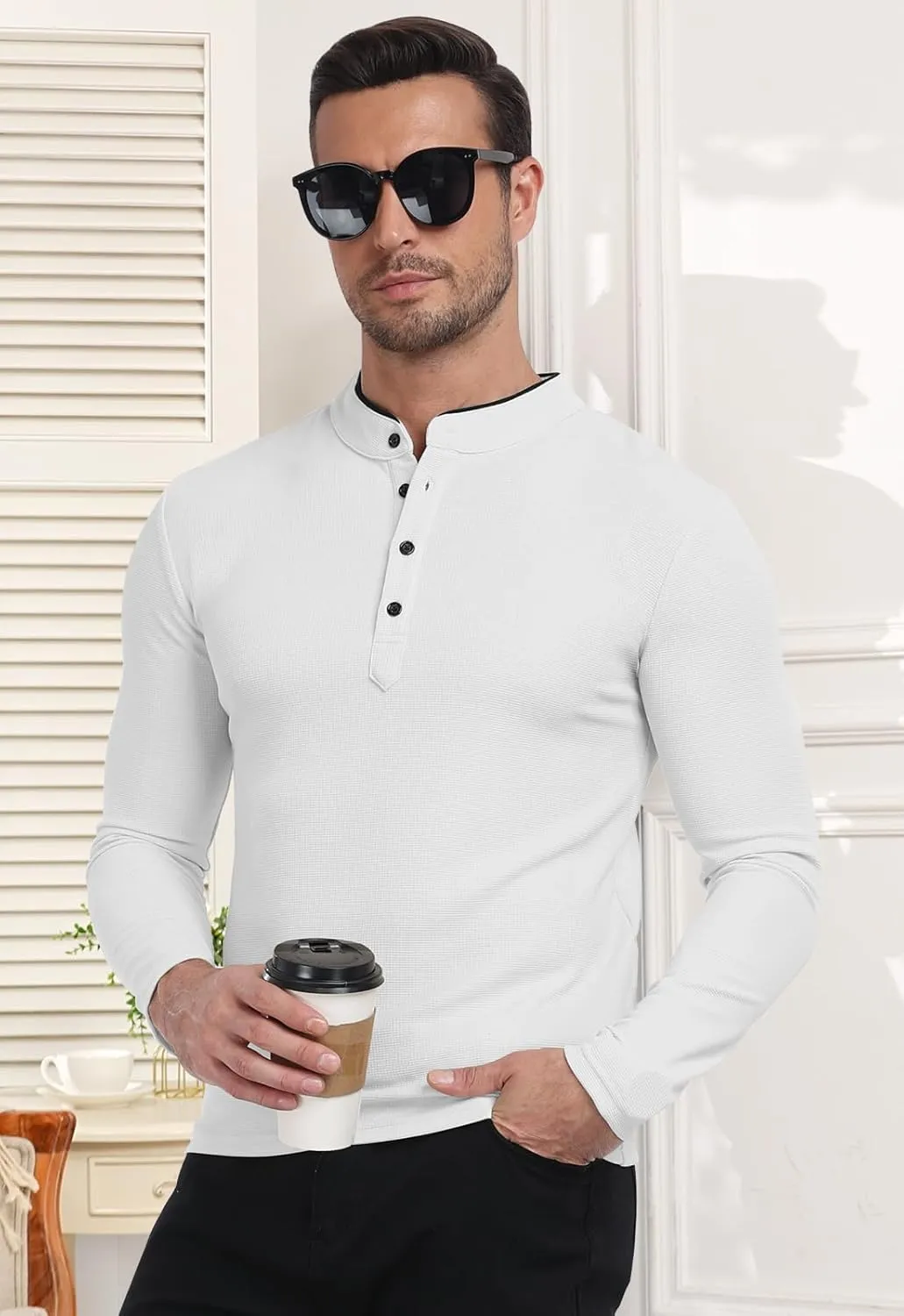 KUYIGO Men's Long Sleeve Waffle Mandarin Polo Shirts Fashion Button Slim Fit Casual Tops T-Shirt