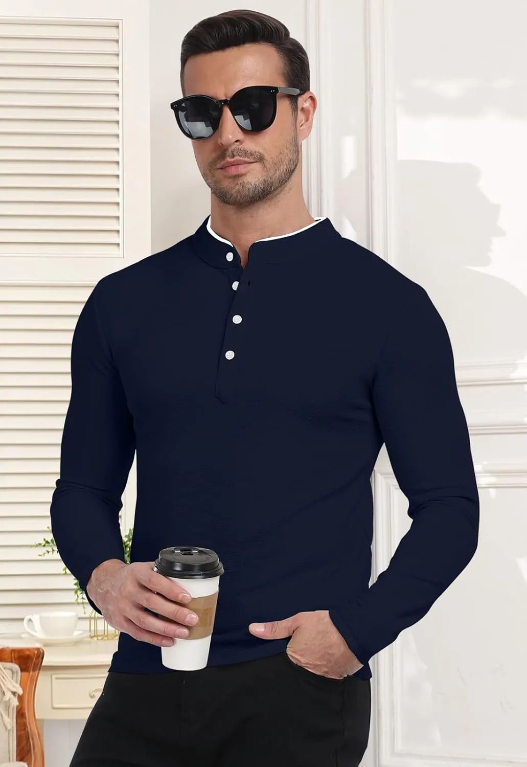 KUYIGO Men's Long Sleeve Waffle Mandarin Polo Shirts Fashion Button Slim Fit Casual Tops T-Shirt