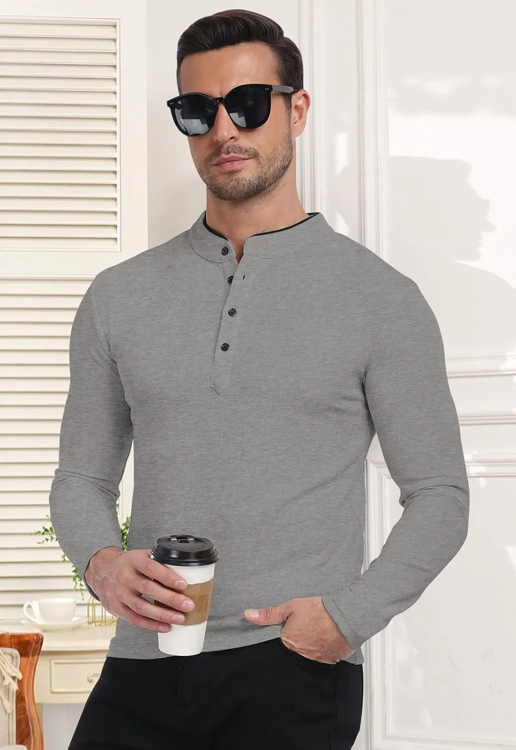 KUYIGO Men's Long Sleeve Waffle Mandarin Polo Shirts Fashion Button Slim Fit Casual Tops T-Shirt