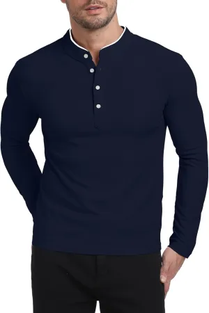 KUYIGO Men's Long Sleeve Waffle Mandarin Polo Shirts Fashion Button Slim Fit Casual Tops T-Shirt