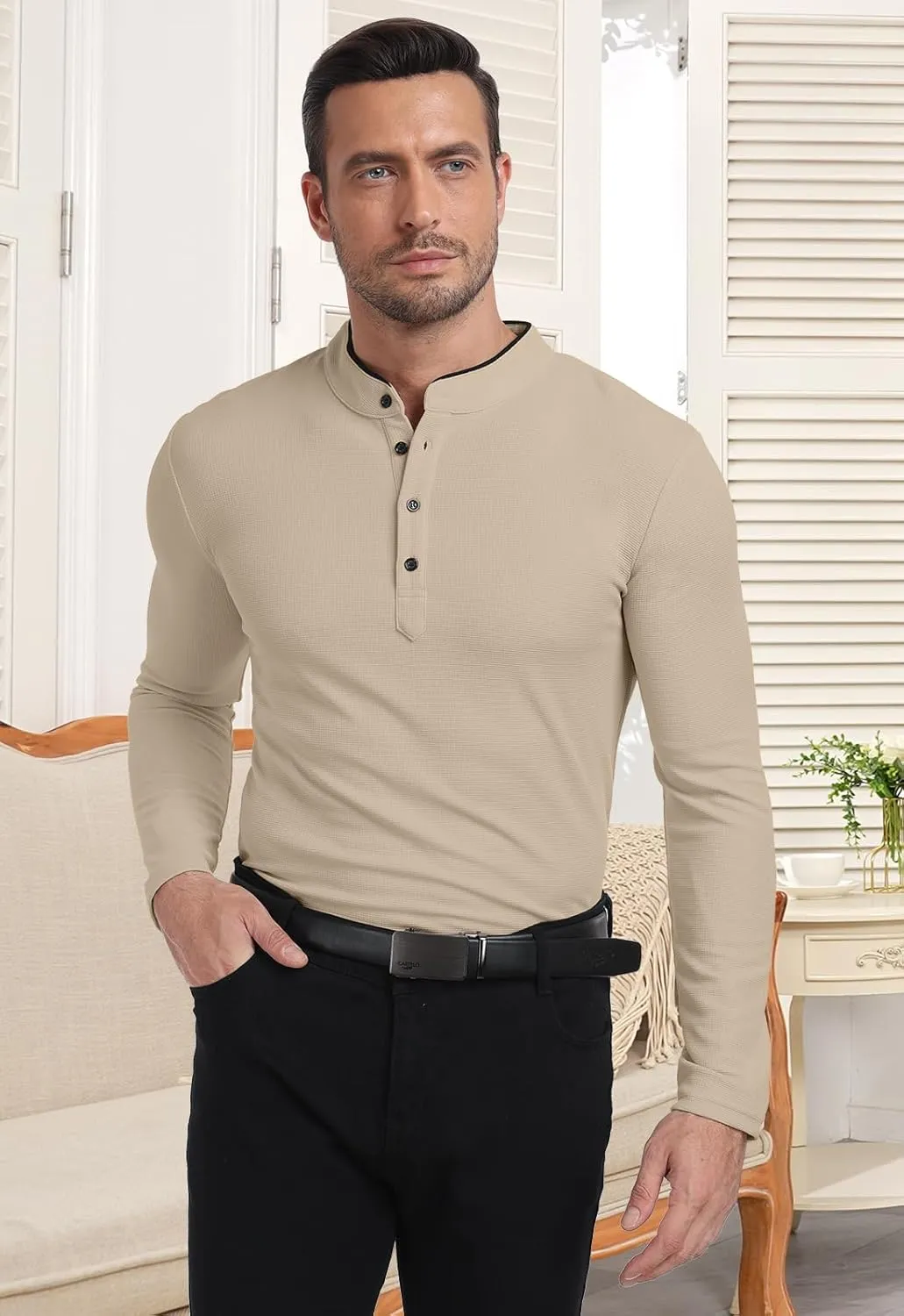 KUYIGO Men's Long Sleeve Waffle Mandarin Polo Shirts Fashion Button Slim Fit Casual Tops T-Shirt