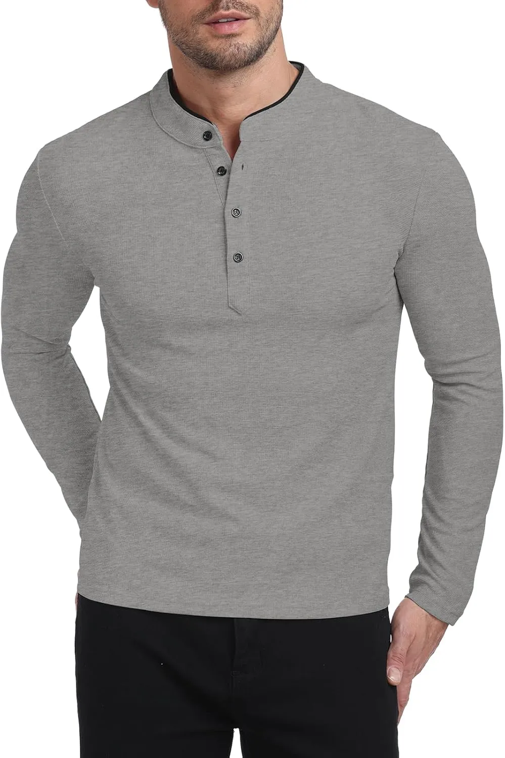 KUYIGO Men's Long Sleeve Waffle Mandarin Polo Shirts Fashion Button Slim Fit Casual Tops T-Shirt