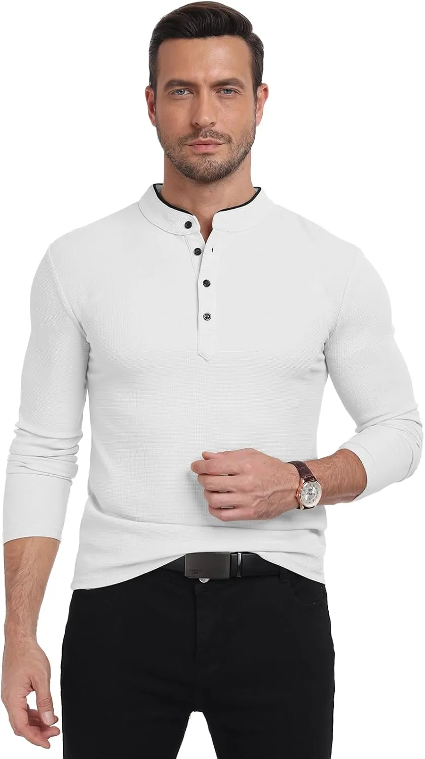 KUYIGO Men's Long Sleeve Waffle Mandarin Polo Shirts Fashion Button Slim Fit Casual Tops T-Shirt