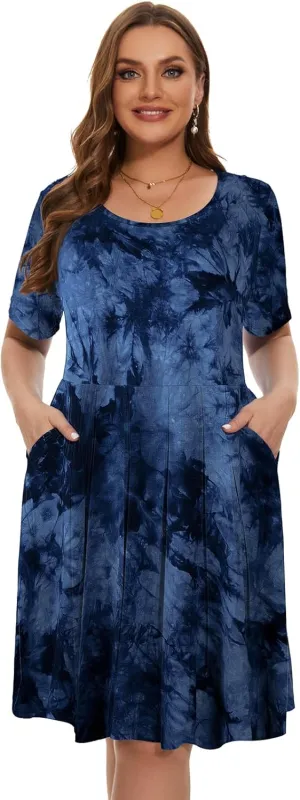 LARACE Women's Plus Size Summer Dress Short Sleeve Casual Pleated Swing Midi Dresses with Pockets