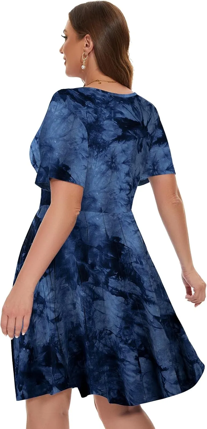 LARACE Women's Plus Size Summer Dress Short Sleeve Casual Pleated Swing Midi Dresses with Pockets