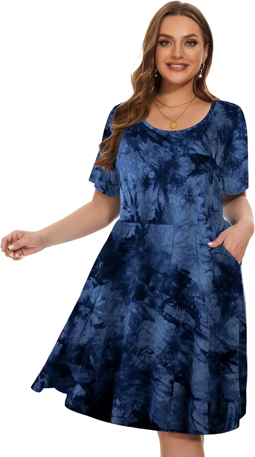 LARACE Women's Plus Size Summer Dress Short Sleeve Casual Pleated Swing Midi Dresses with Pockets