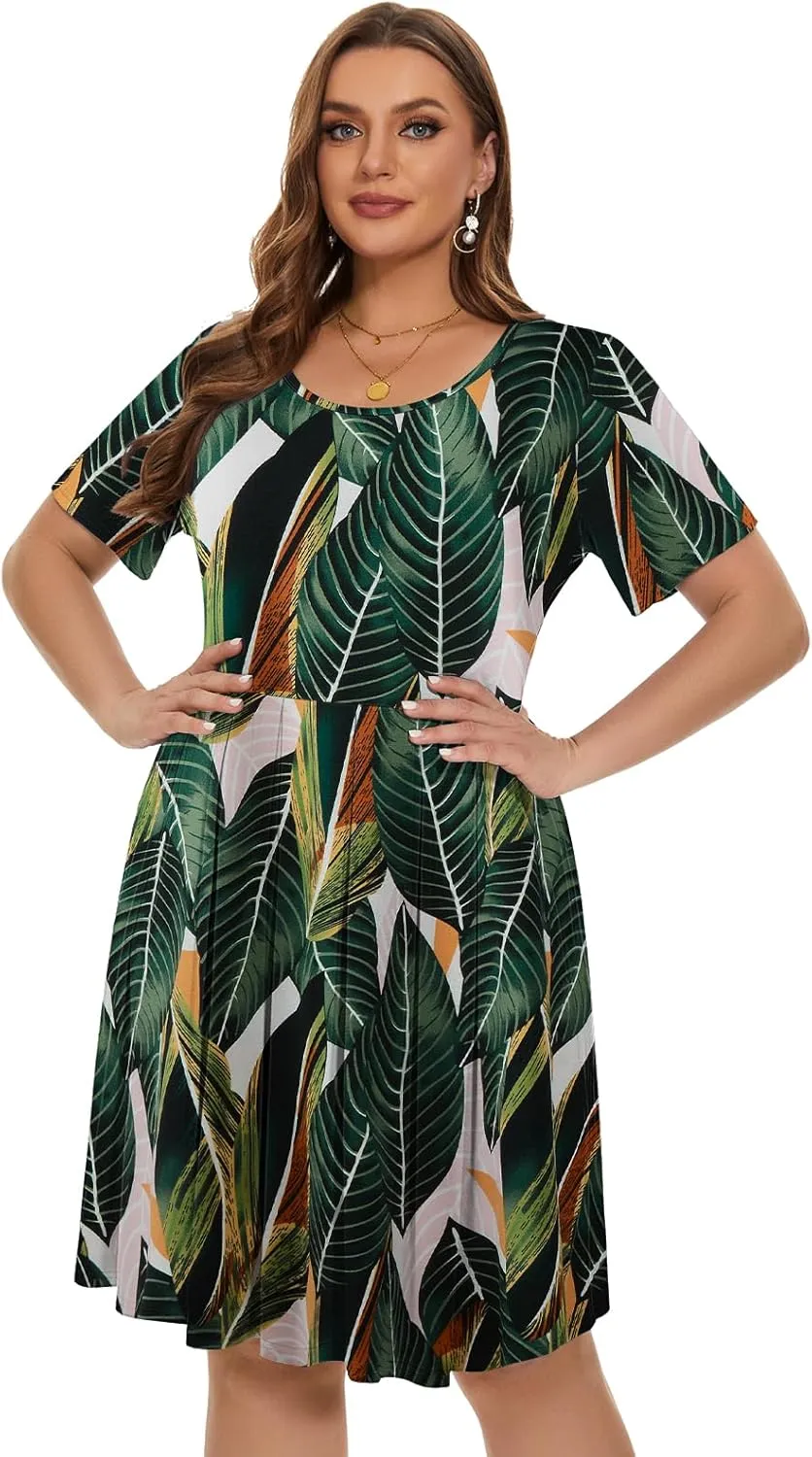 LARACE Women's Plus Size Summer Dress Short Sleeve Casual Pleated Swing Midi Dresses with Pockets