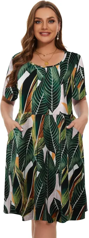 LARACE Women's Plus Size Summer Dress Short Sleeve Casual Pleated Swing Midi Dresses with Pockets