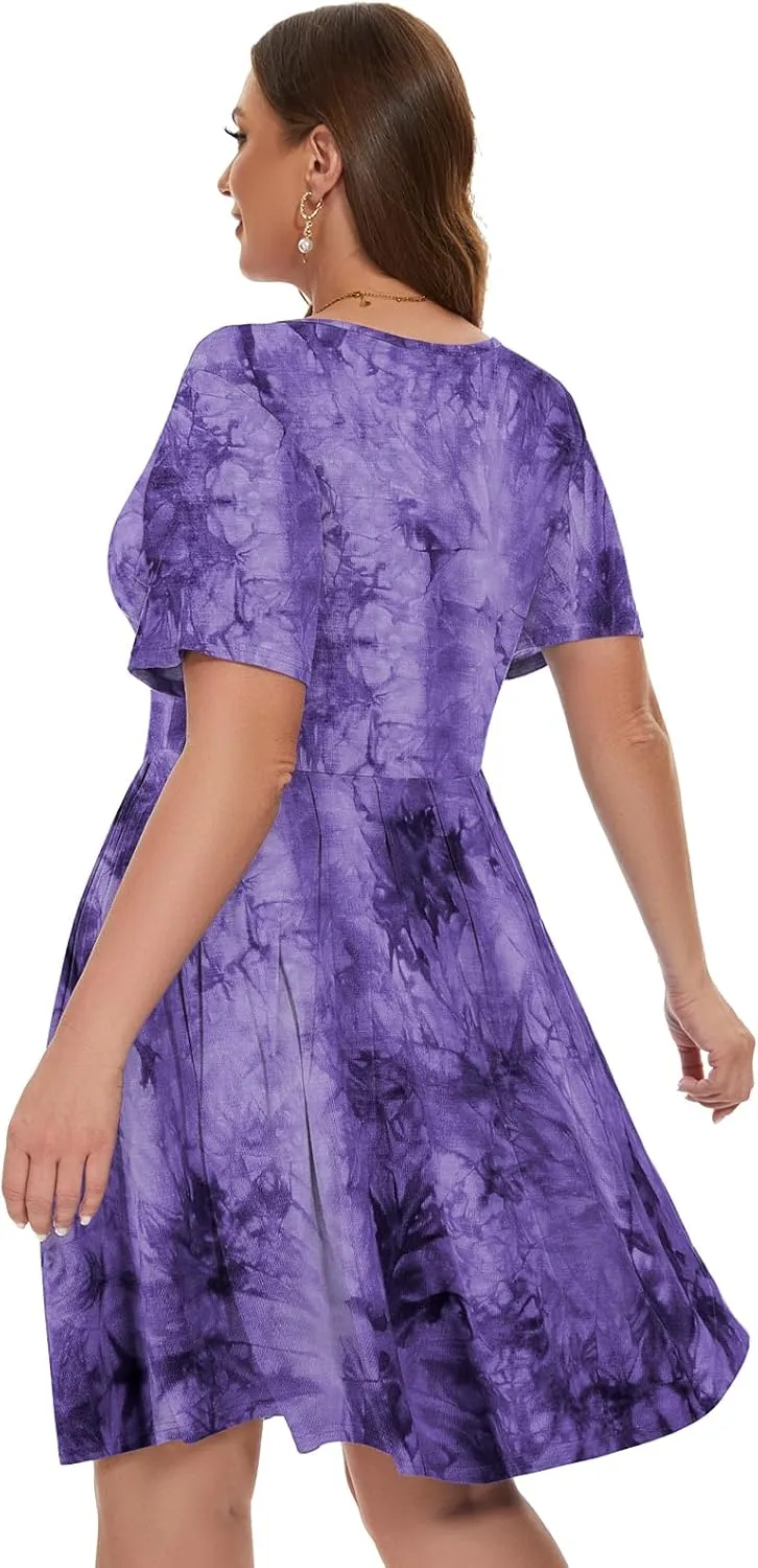 LARACE Women's Plus Size Summer Dress Short Sleeve Casual Pleated Swing Midi Dresses with Pockets