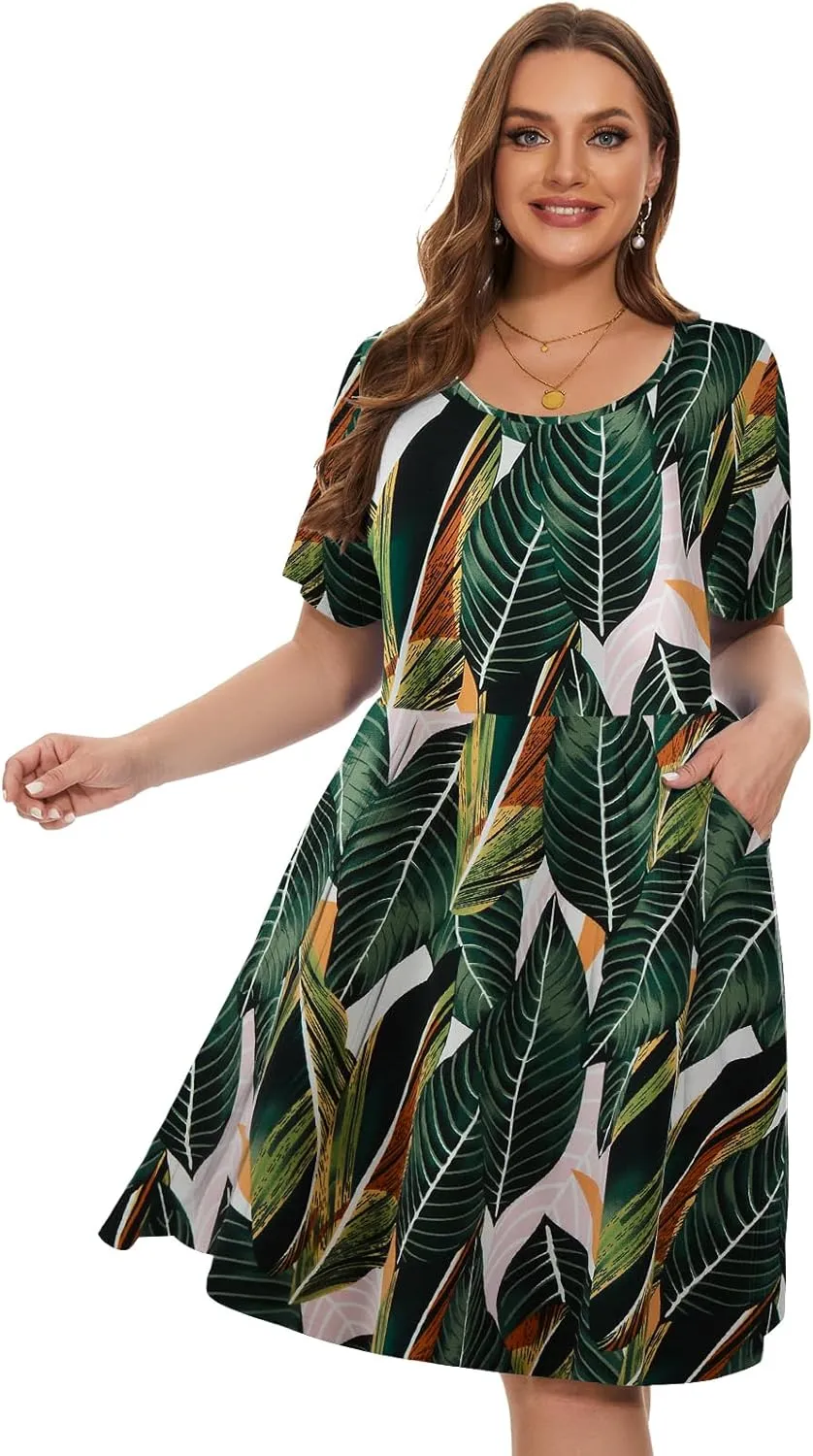 LARACE Women's Plus Size Summer Dress Short Sleeve Casual Pleated Swing Midi Dresses with Pockets