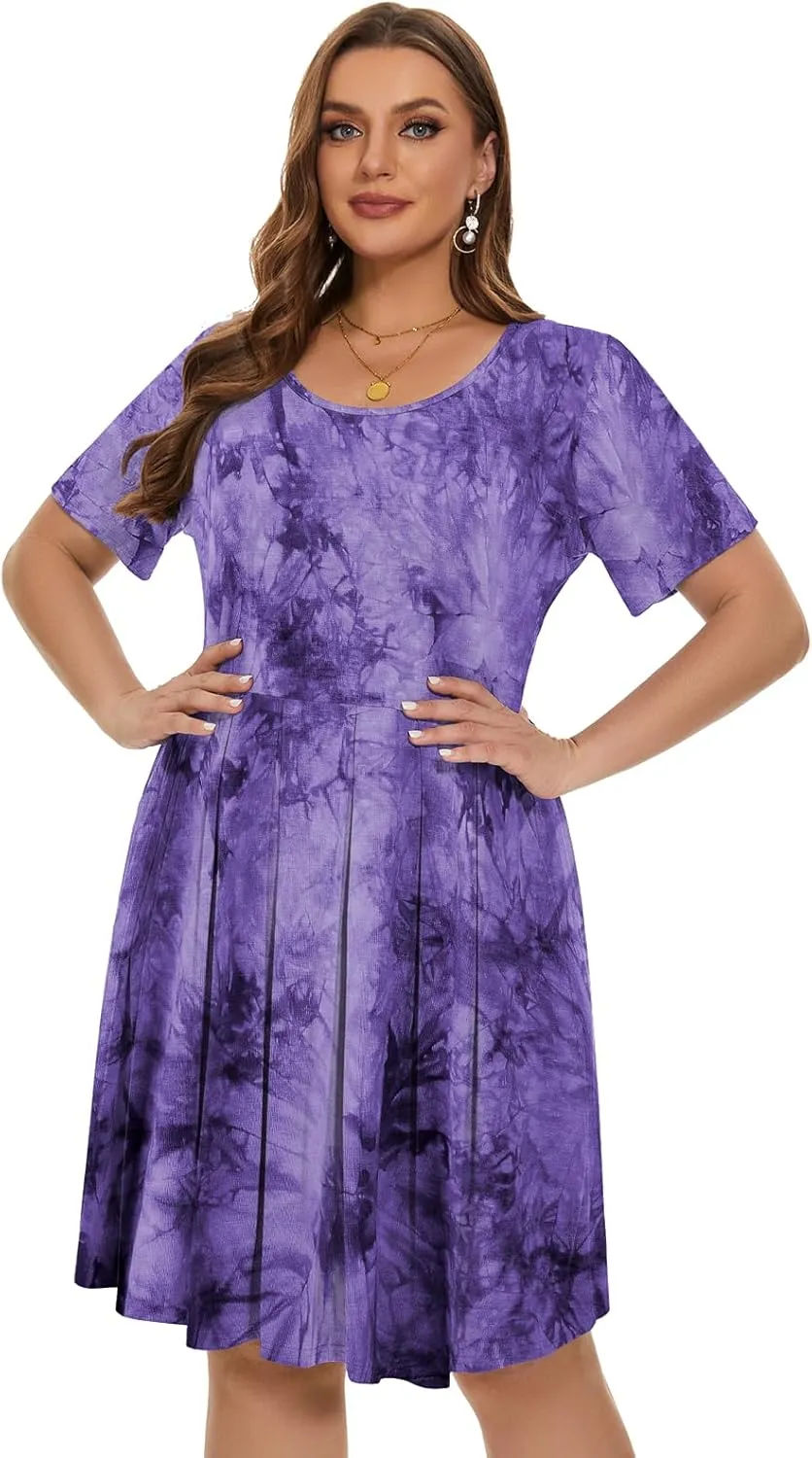 LARACE Women's Plus Size Summer Dress Short Sleeve Casual Pleated Swing Midi Dresses with Pockets