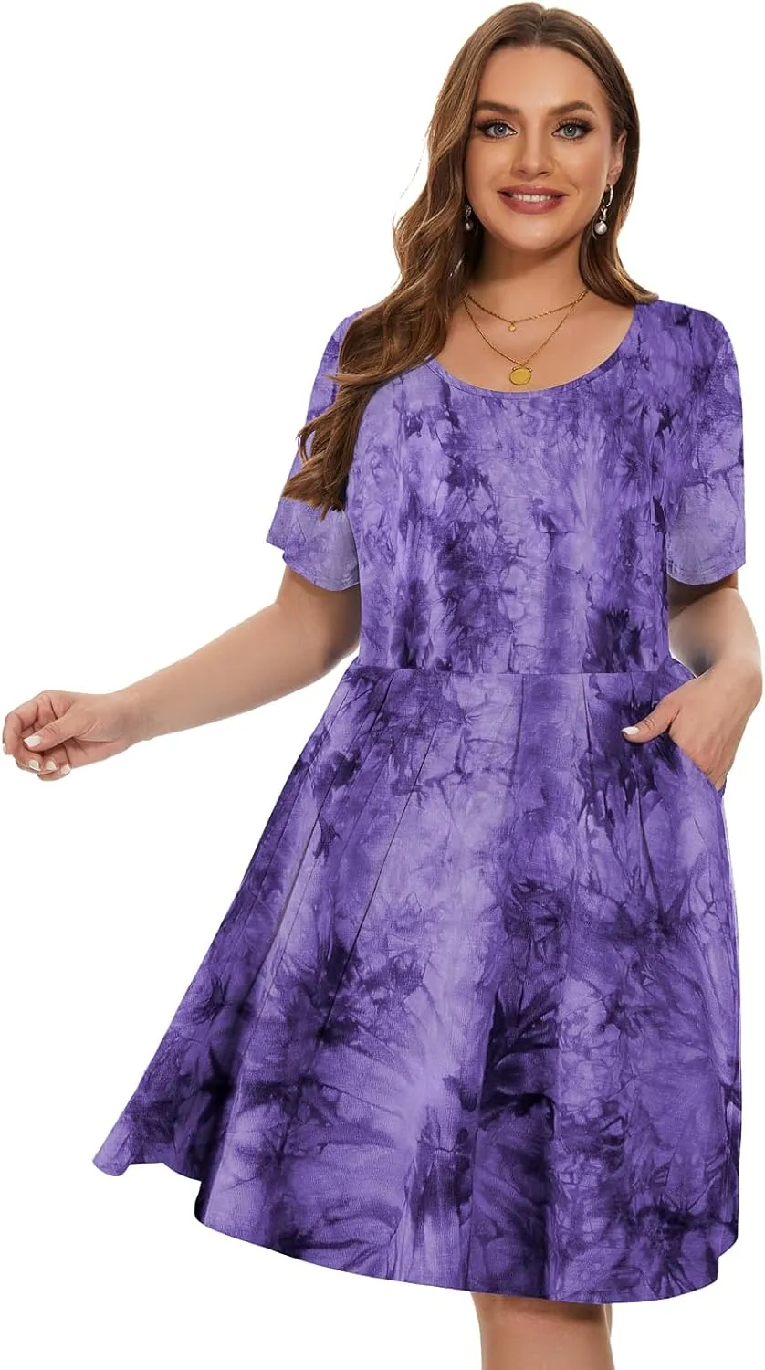 LARACE Women's Plus Size Summer Dress Short Sleeve Casual Pleated Swing Midi Dresses with Pockets