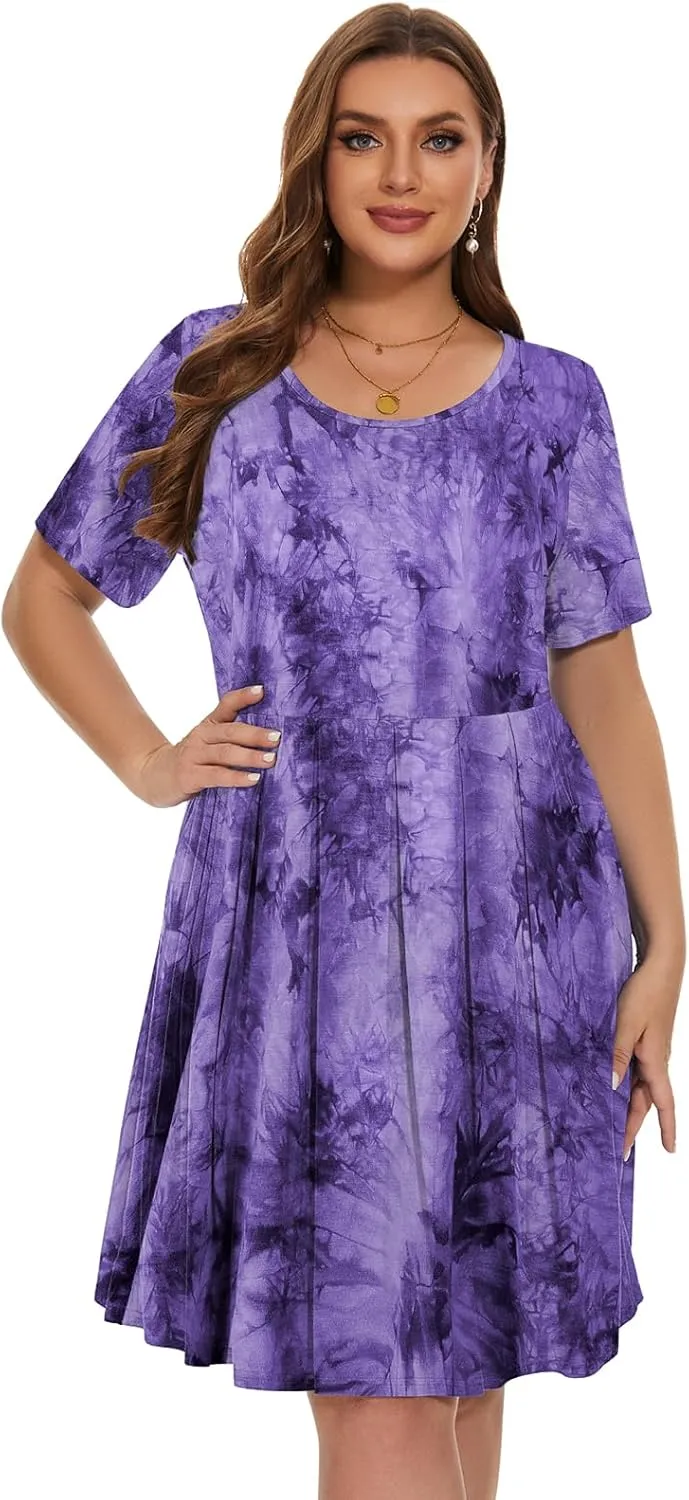LARACE Women's Plus Size Summer Dress Short Sleeve Casual Pleated Swing Midi Dresses with Pockets