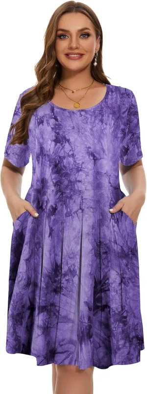 LARACE Women's Plus Size Summer Dress Short Sleeve Casual Pleated Swing Midi Dresses with Pockets
