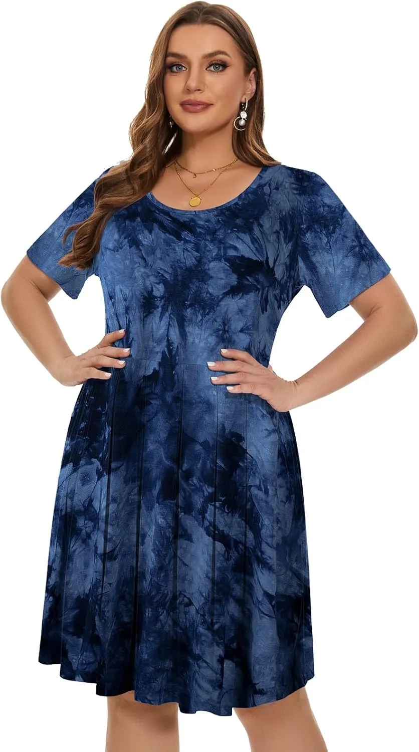 LARACE Women's Plus Size Summer Dress Short Sleeve Casual Pleated Swing Midi Dresses with Pockets