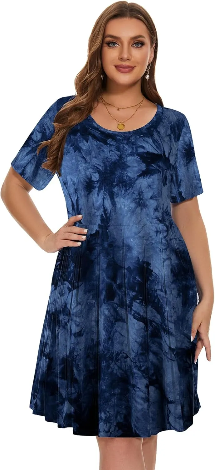 LARACE Women's Plus Size Summer Dress Short Sleeve Casual Pleated Swing Midi Dresses with Pockets