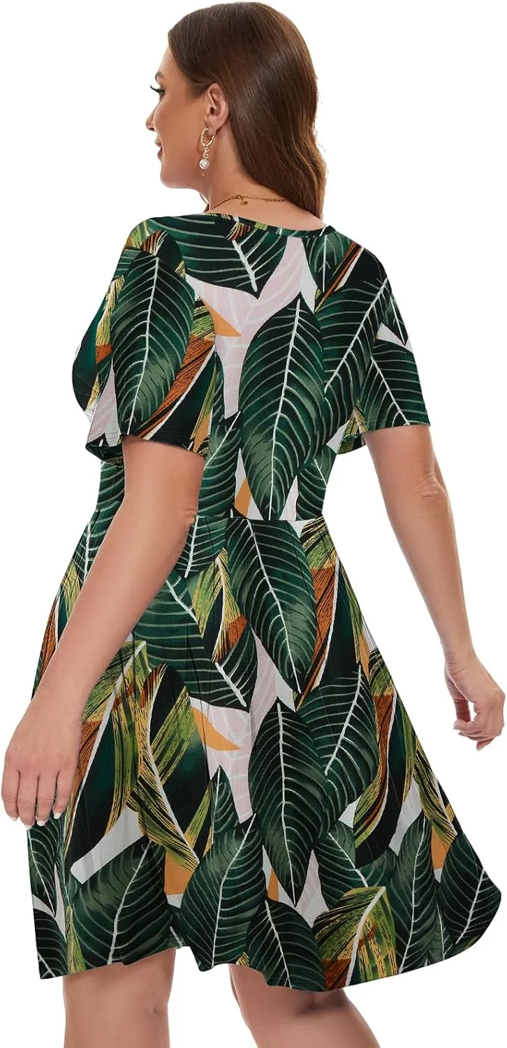 LARACE Women's Plus Size Summer Dress Short Sleeve Casual Pleated Swing Midi Dresses with Pockets