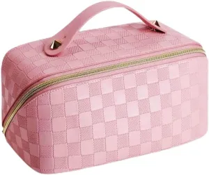 Large Capacity Checkered Makeup Bag Portable Travel Cosmetic Bag for Women Girls Makeup Pouch Portable Zipper Bag (A-Pink)