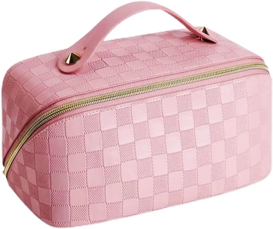 Large Capacity Checkered Makeup Bag Portable Travel Cosmetic Bag for Women Girls Makeup Pouch Portable Zipper Bag (A-Pink)
