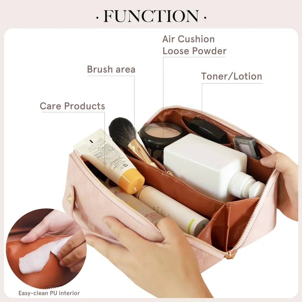 Large Capacity Checkered Makeup Bag Portable Travel Cosmetic Bag for Women Girls Makeup Pouch Portable Zipper Bag (A-Pink)