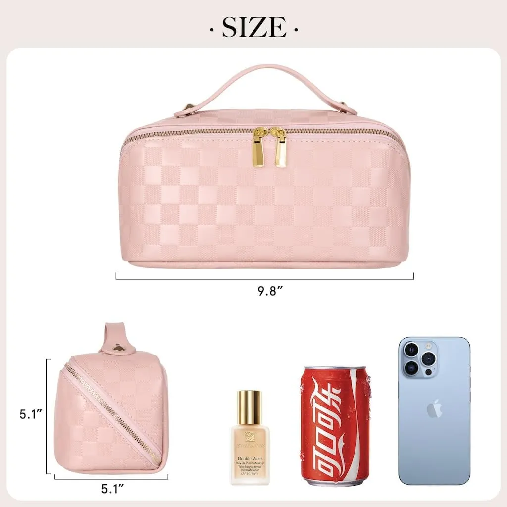 Large Capacity Checkered Makeup Bag Portable Travel Cosmetic Bag for Women Girls Makeup Pouch Portable Zipper Bag (A-Pink)