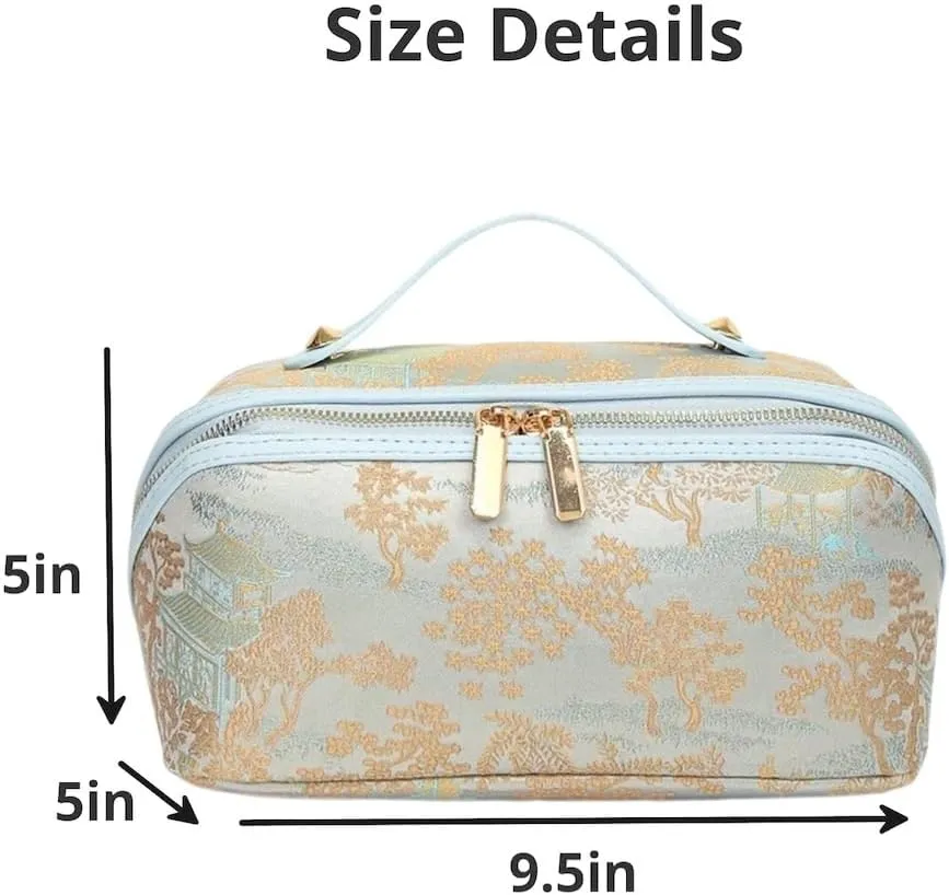 Large Capacity Makeup Bags Portable Travel Cosmetic Bag Open-Flat Toiletry Bag for Women Embroidery Make Up Bag Organizer with Divider Pouch Zipper Bags (Blue)