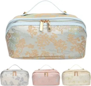 Large Capacity Makeup Bags Portable Travel Cosmetic Bag Open-Flat Toiletry Bag for Women Embroidery Make Up Bag Organizer with Divider Pouch Zipper Bags (Blue)