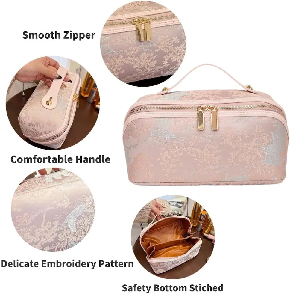 Large Capacity Makeup Bags Portable Travel Cosmetic Bag Open-Flat Toiletry Bag for Women Embroidery Make Up Bag Organizer with Divider Pouch Zipper Bags (Blue)