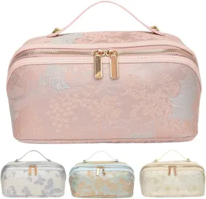 Large Capacity Makeup Bags Portable Travel Cosmetic Bag Open-Flat Toiletry Bag for Women Embroidery Make Up Bag Organizer with Divider Pouch Zipper Bags (Pink)
