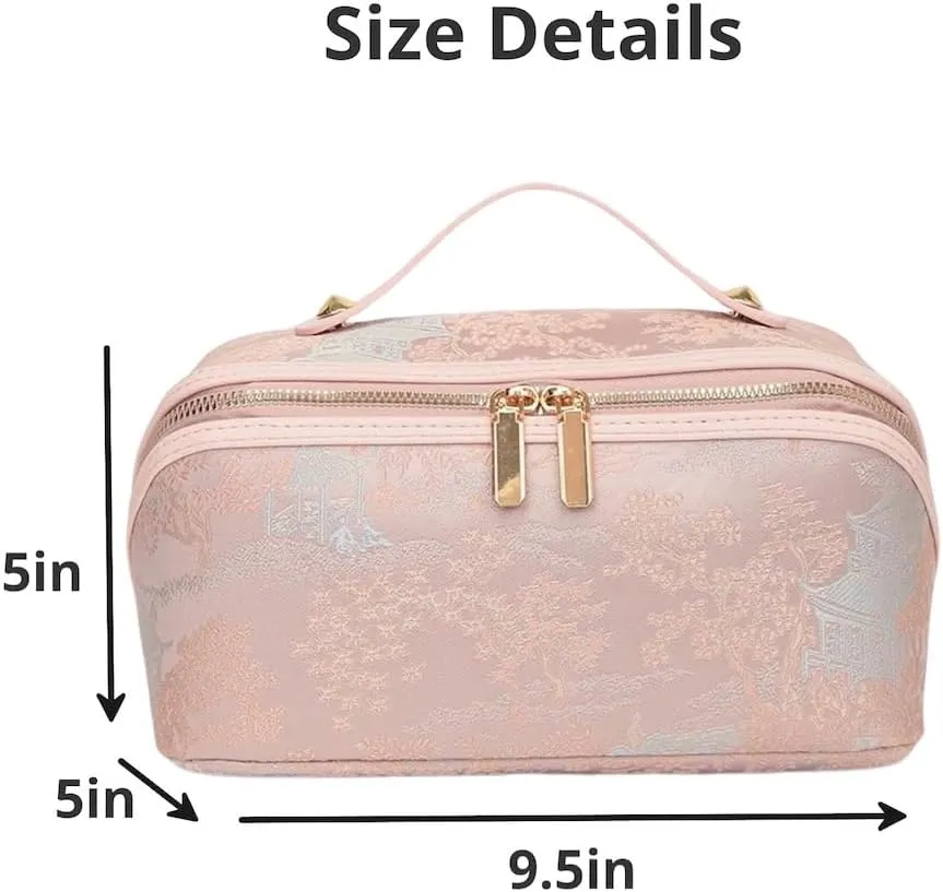 Large Capacity Makeup Bags Portable Travel Cosmetic Bag Open-Flat Toiletry Bag for Women Embroidery Make Up Bag Organizer with Divider Pouch Zipper Bags (Pink)