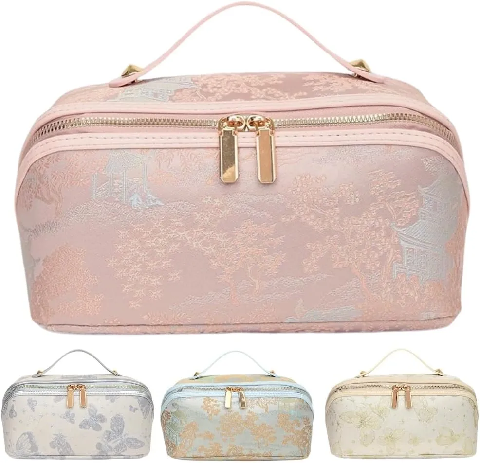 Large Capacity Makeup Bags Portable Travel Cosmetic Bag Open-Flat Toiletry Bag for Women Embroidery Make Up Bag Organizer with Divider Pouch Zipper Bags (Pink)