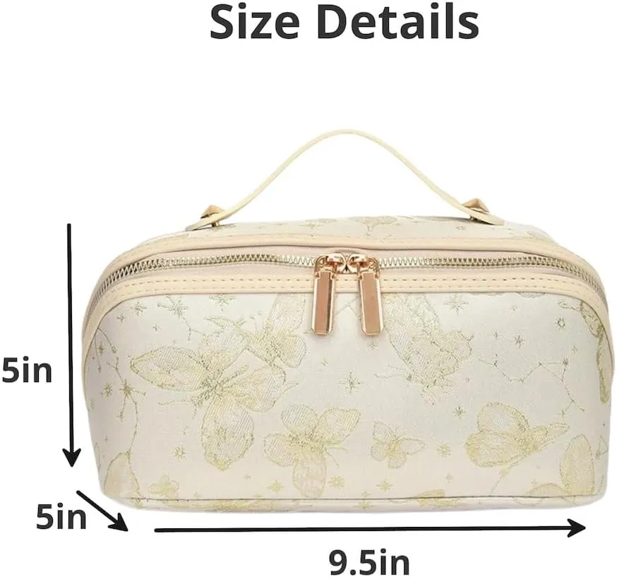 Large Capacity Makeup Bags Portable Travel Cosmetic Bag Open-Flat Toiletry Bag for Women Embroidery Make Up Bag Organizer with Divider Pouch Zipper Bags (White)