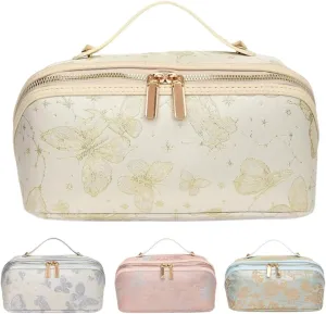 Large Capacity Makeup Bags Portable Travel Cosmetic Bag Open-Flat Toiletry Bag for Women Embroidery Make Up Bag Organizer with Divider Pouch Zipper Bags (White)