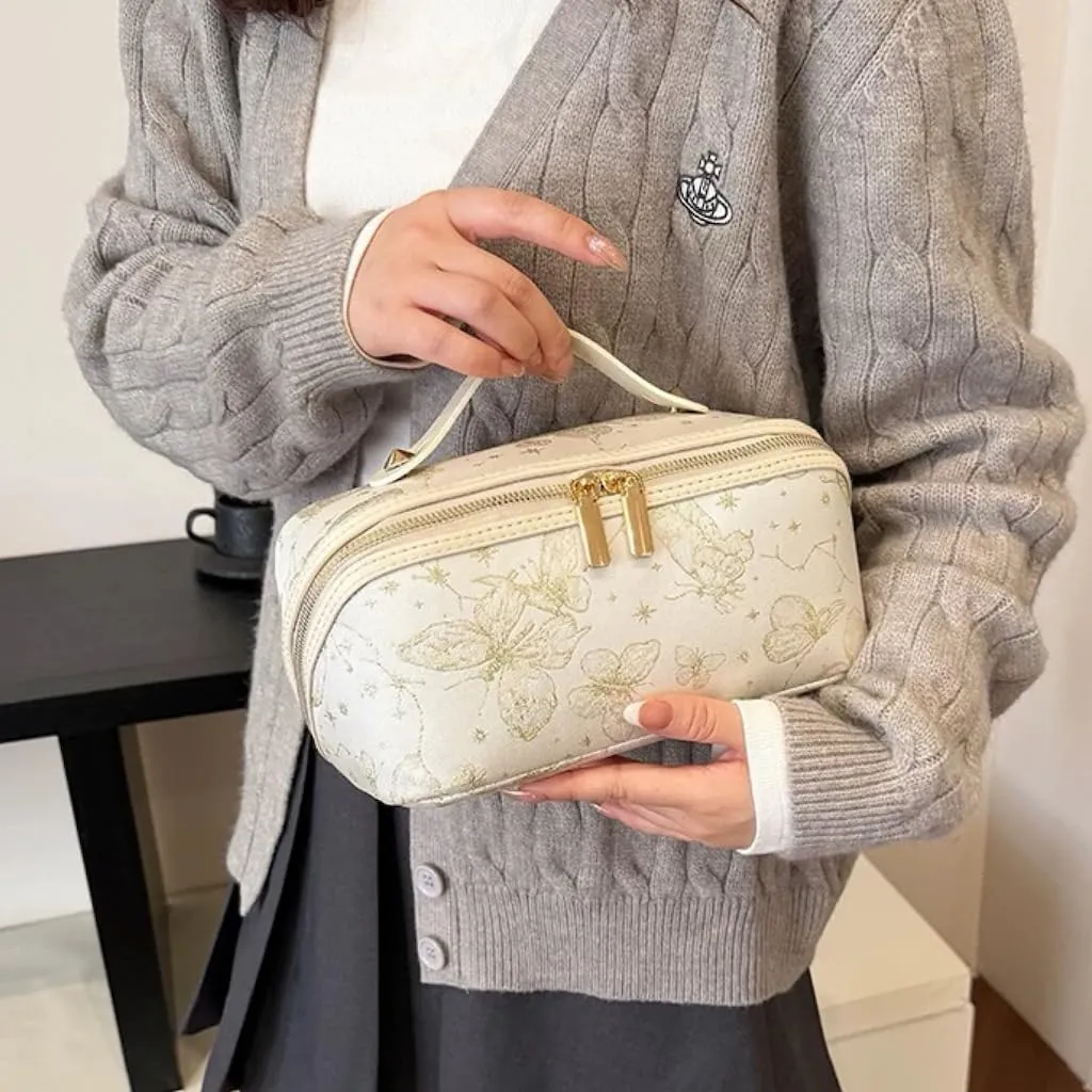 Large Capacity Makeup Bags Portable Travel Cosmetic Bag Open-Flat Toiletry Bag for Women Embroidery Make Up Bag Organizer with Divider Pouch Zipper Bags (White)