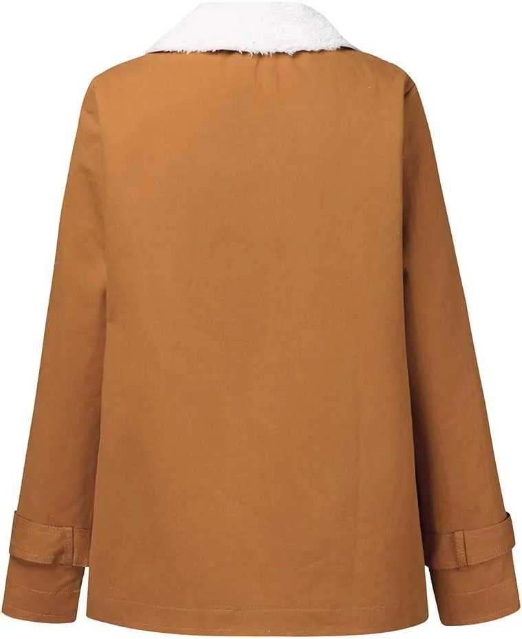 LCMTWX Fuzzy Fleece Jackets for Women Lapel Single Breasted Long Sleeve Plus Size Outwear Fuzzy Faux Shearling Zipper Plus
