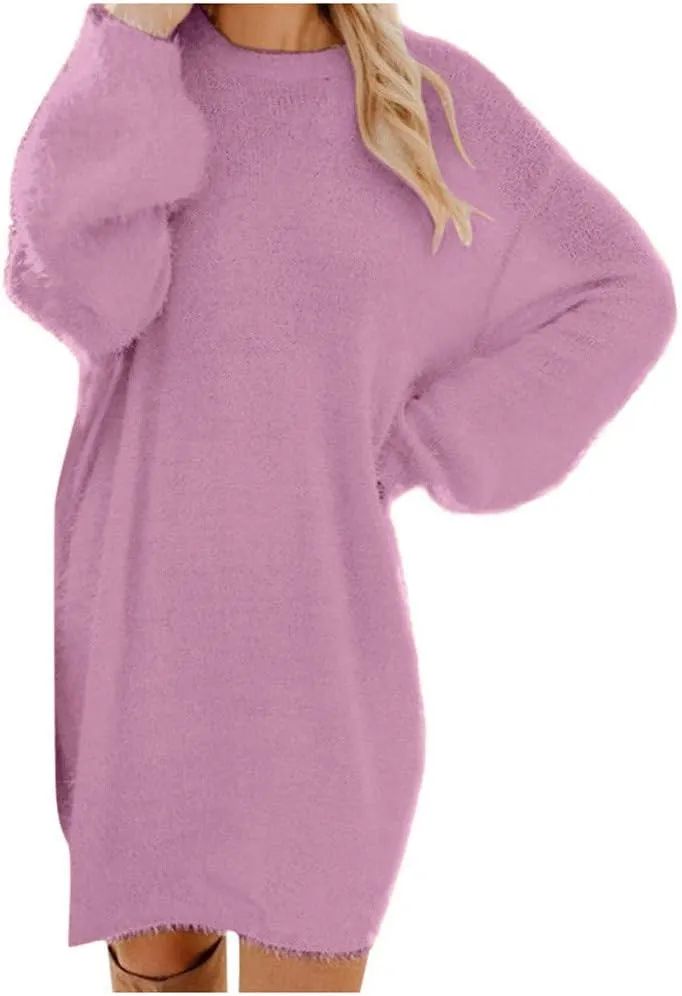 LCMTWX Long Sleeve Oversized Sweater Dress Sleeve Solid Knitted Fleece Dresses Loose Turtleneck Oversize Long Sleeve
