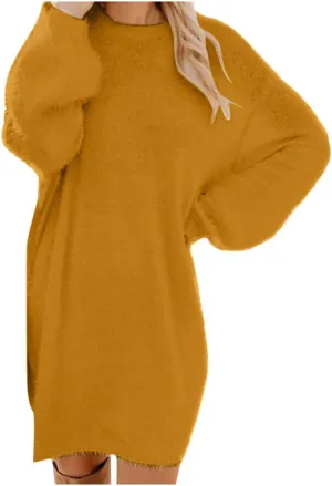 LCMTWX Long Sleeve Oversized Sweater Dress Sleeve Solid Knitted Fleece Dresses Loose Turtleneck Oversize Long Sleeve