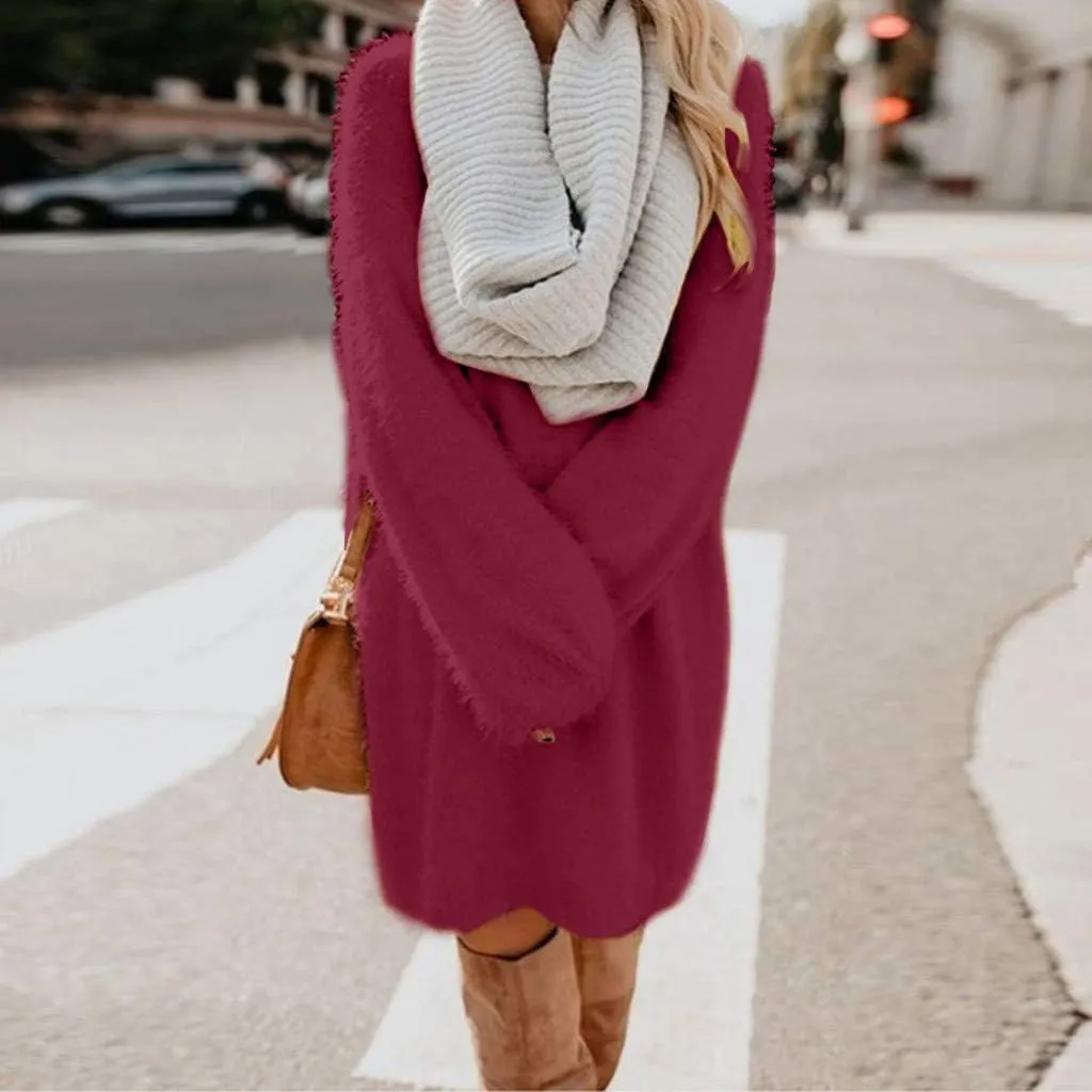LCMTWX Long Sleeve Oversized Sweater Dress Sleeve Solid Knitted Fleece Dresses Loose Turtleneck Oversize Long Sleeve