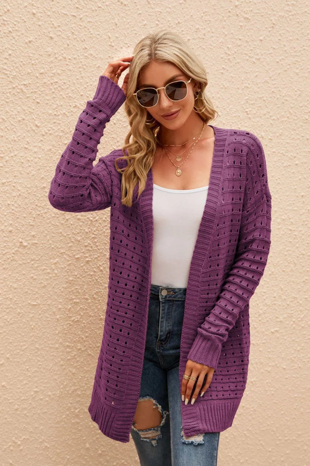 Leisurely Openwork Horizontal Ribbing Open Front Cardigan