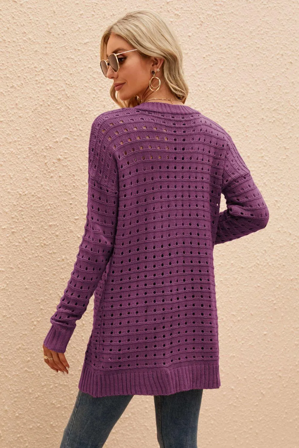 Leisurely Openwork Horizontal Ribbing Open Front Cardigan