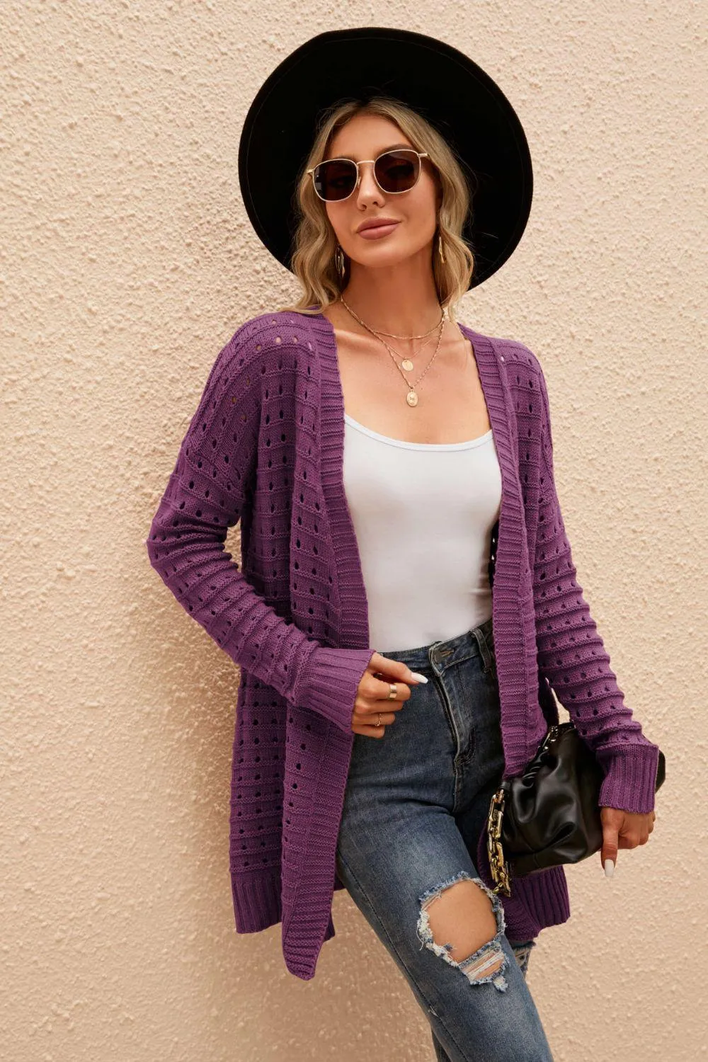 Leisurely Openwork Horizontal Ribbing Open Front Cardigan