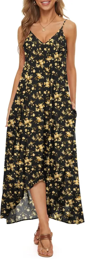 LILBETTER Women V-Neck Polka Dot Print Spaghetti Strap Boho Long Maxi Dresses
